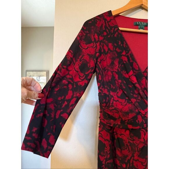 Ralph Lauren 4 Knee Length Crossover Dress Red Black Floral Victorian Cocktail - Picture 3 of 10